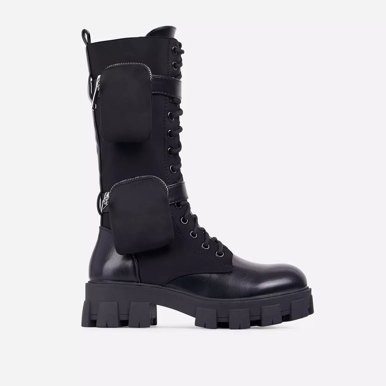 Fyre Pocket Detail Lace Up Chunky Sole Ankle Biker Boot In Black Nylon And Faux Leather